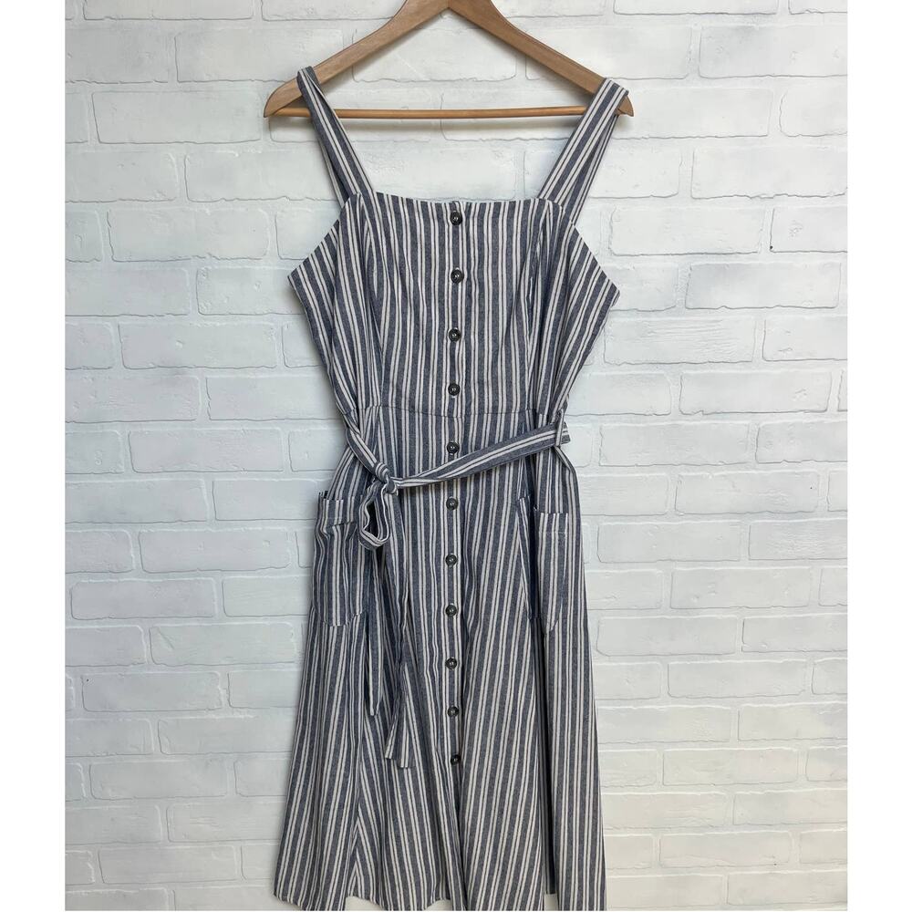 Striped Button-Front Midi Dress with Waist Tie - Gray/White